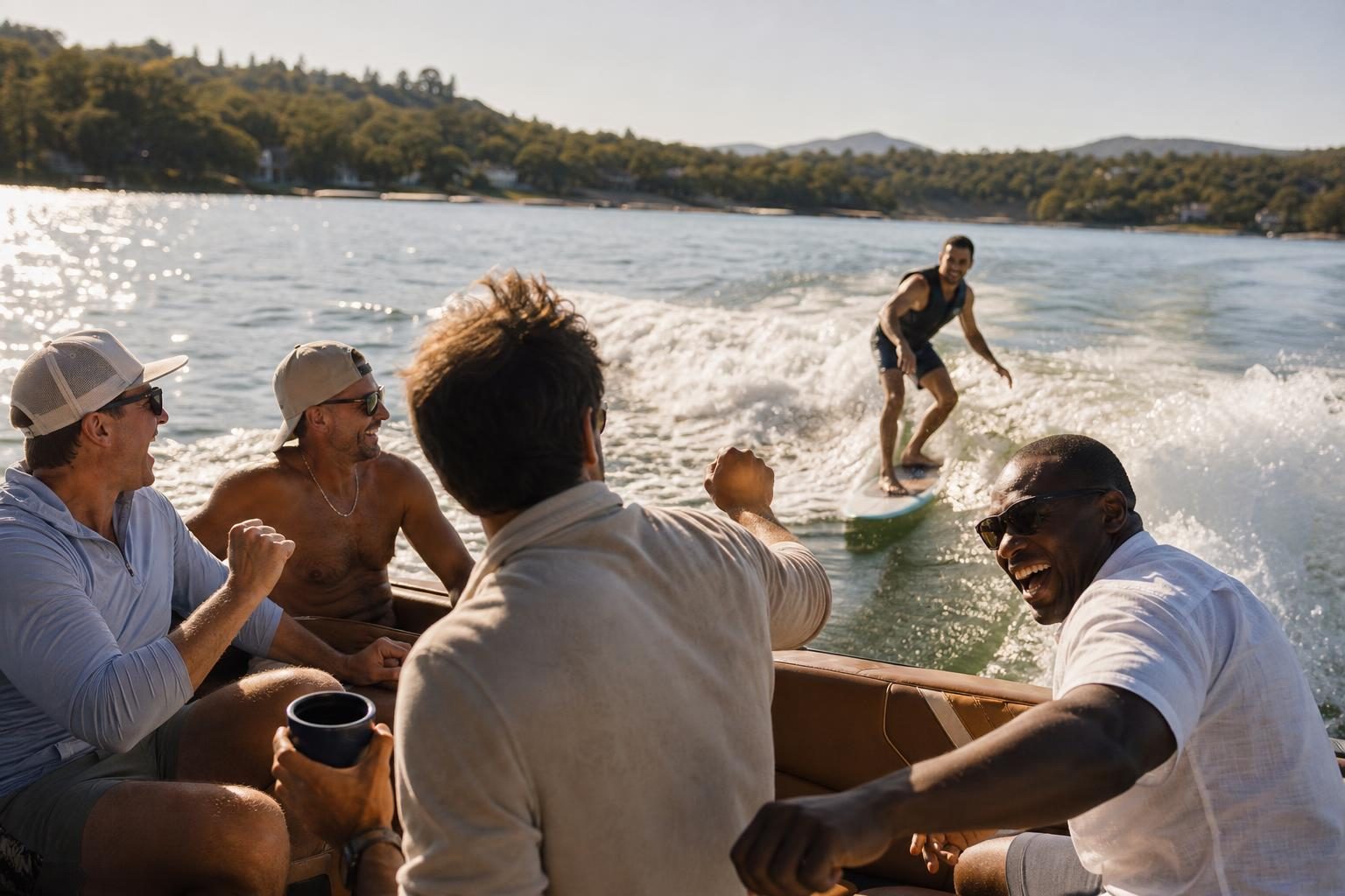 Men cheering from a boat as a friend wakesurfs