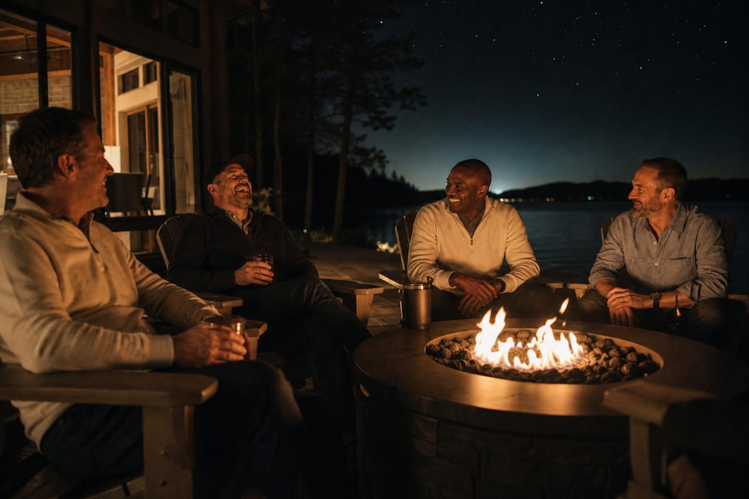 Men talking around a fire pit at night